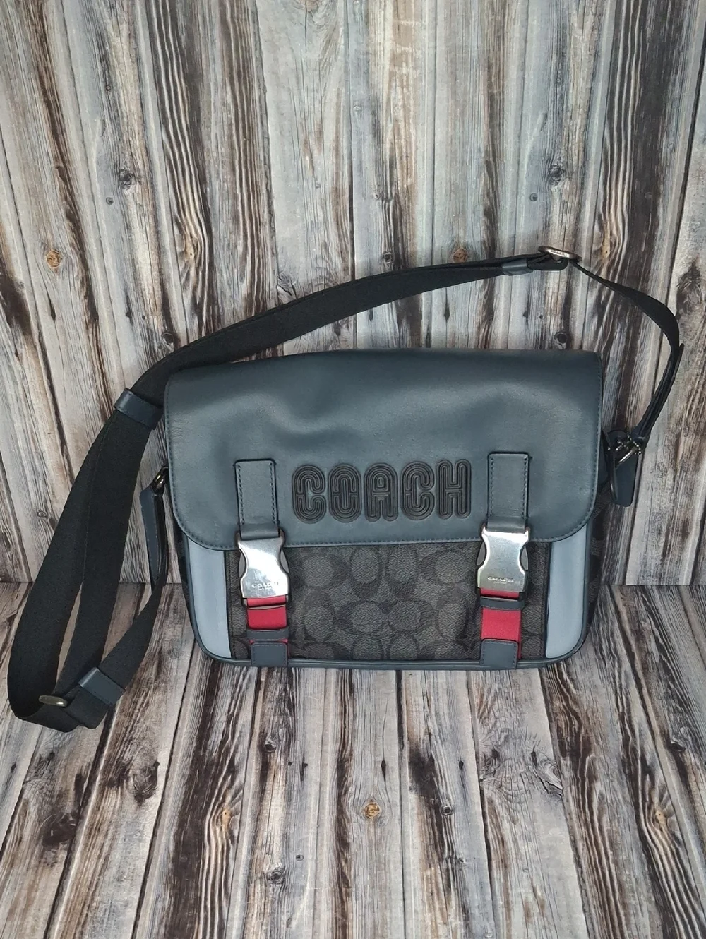 Coach Track Crossbody Navy Blue & Black Signature Coated Canvas - Picture 1 of 12